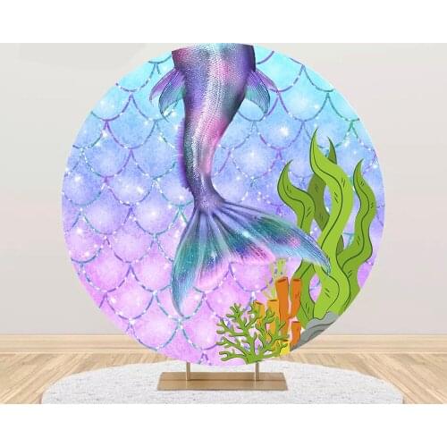 Round circle background purple mermaid Fish tail backdrop baby shower birthday Party decor table Covers party panel YY-588
