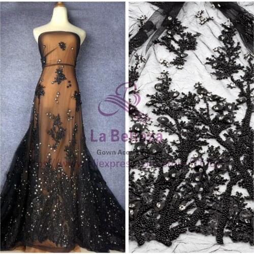 La Belleza handmade beading crystl Black/ivory/pink /off white 3D flowers evening ddress lace fabric 1 yard