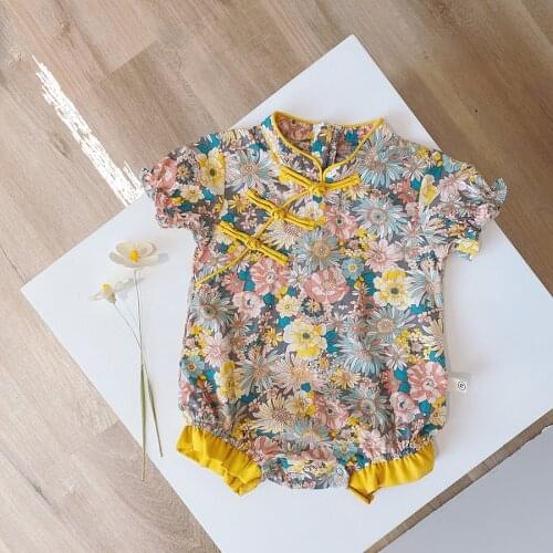 Summer Baby Girls Romper Chinese Style Short Floral Cheongsam Playsuit Jumpsuit Sunsuit Outfits for 0-24M Newborn Clothes