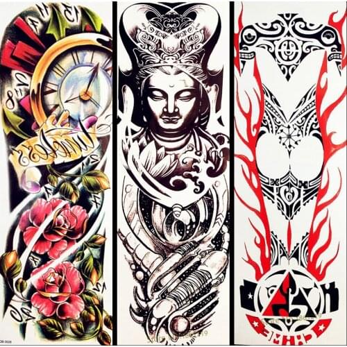 HOT! Water Transfer Big Tattoo Full Arm Buddha Temporary Tattoo Black Buddhism GQS-Q003 Women Men Fake Waterproof Tatoo Sticker