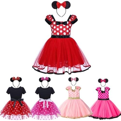 Pink&Red Minnie Dress for Baby Girls Casual Polka Dot Filles Robe Toddler Birthday Party Tutu Dress Mickey Cosplay Costume Frock