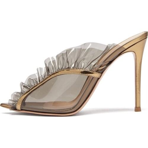 Fashion Summer PVC Ruffles High Heels Slipper Peep Toe Stiletto Heels Female ThinHigh Heels PVC Patched Lacework Street Shoes