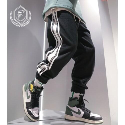 Men Fashion Loose Strip Print Fleece Heavyweight Harem Jogger Pants Casual Ankle-Length Hip Hop Pants