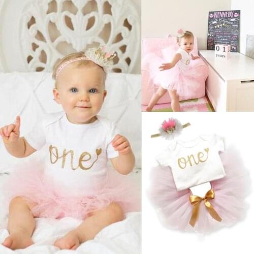 1st Baby Girl Clothes One Year Birthday Party Dress Summer Cotton Outfits 3PCS Infant Toddler Tutu Dress for Girl Christening