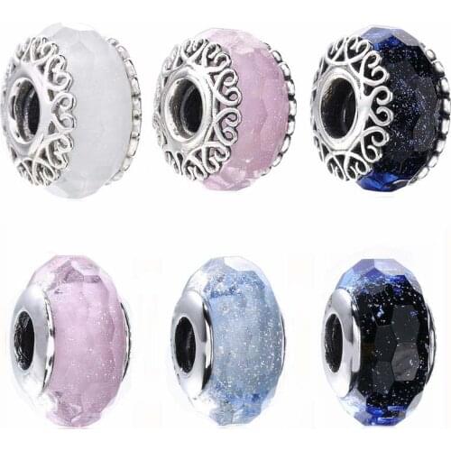 Multicolor Teal Faceted Murano Glass With Heart Lace Lampwork Beads Fit Europe Bracelet 925 Sterling Silver Charm DIY Jewelry