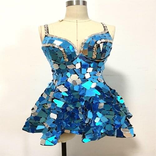 JM01 Ballroom dance stage costumes silver mirro glasses dress women wear mirror bra dj skirt gold outfits party perform model
