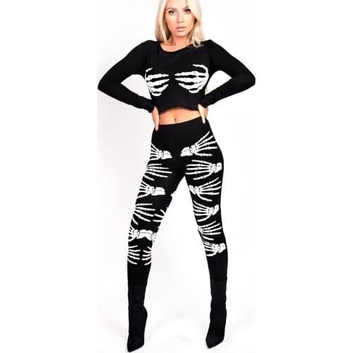 Women Halloween Two-piece Clothes Set Black Skeleton Printed Pattern Pullover and Pants, S/ M/ L/ XL/ XXL