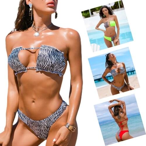 Meihuida Women Bikini, Strapless Swimsuit, Leopard Print Low Waist Beach Pool Party Thong Lace-up Hollow Bra 2 Pieces