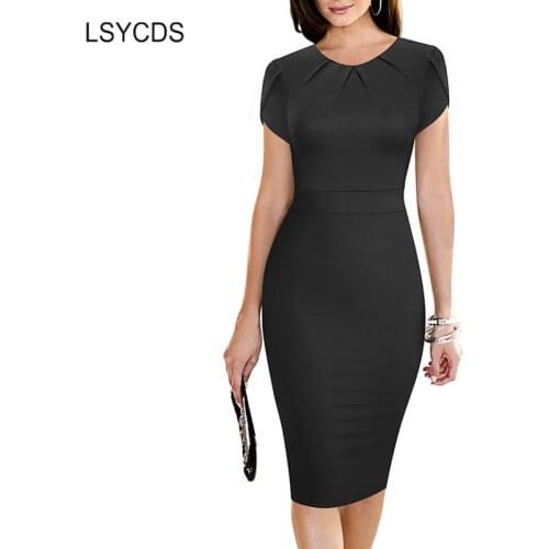 LSYCDS Vintage OL Sheath Dress Female 2021 Summer New Short Sleeve Solid Black Knee Length Elegant Pencil Dresses