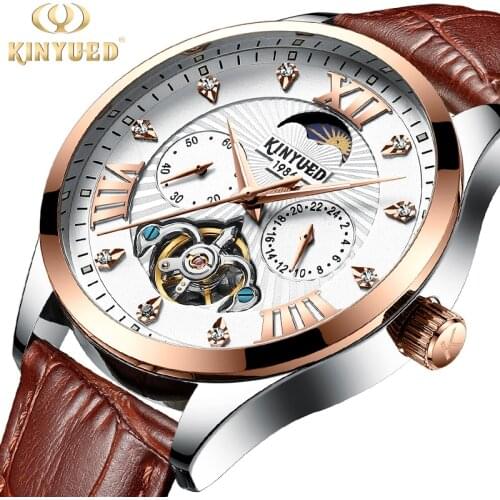KINYUEDTop Brand Luxury Gold Hollow out Automatic Mechanical Business Waterproof Luminous Clocks Mens Watches J050 leather