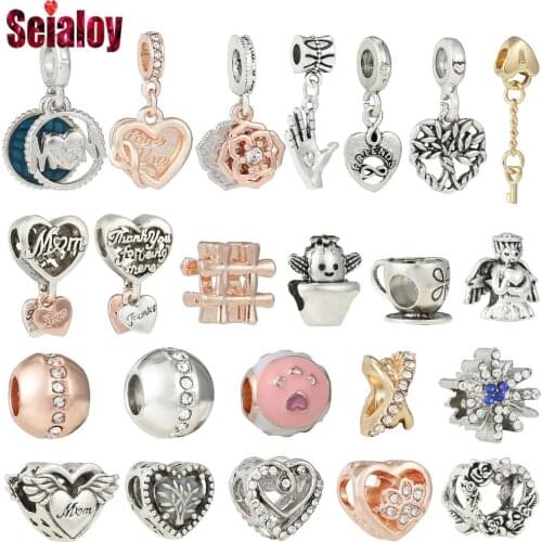 Seialoy 2Pcs Rose Gold Heart Beads MOM Tree Of Life Dangle Bead Fit Brand Charm Bracelets Necklace Jewelry Making Accessory New