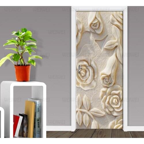 Home Decoration Door Sticker 3D Embossed Rose Wallpaper Living Room Bedroom Kitchen Waterproof Vinyl Door Mural Door Decal Mural