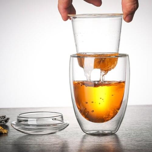 Double Wall Layer 3 in 1 Glass Tea Cup with Infuser and Lid Heat Resistant Transparent Tea Strainer Coffee Filter Drinkware