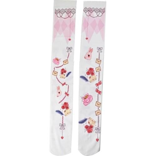 Summer Spring Lolita Kawaii Sock Sweet Pray Bunny Print High Knee Silk Tights Pink Heart Exoit Cosplay Accessories 120D Girls
