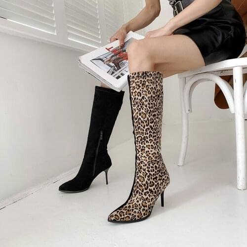MKKHOU Fashion Knee-Length Boots Women New Winter Plus Velvet Warm Boots Sexy Leopard Print Pointed Toe All-Match High Boots