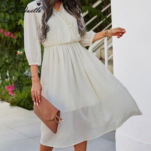 LZEQuella Fashion Spring Solid Color White Dress Women 2021 New Casual V Neck High Waist Sleeve Lace Long Dresses Party Vestidos