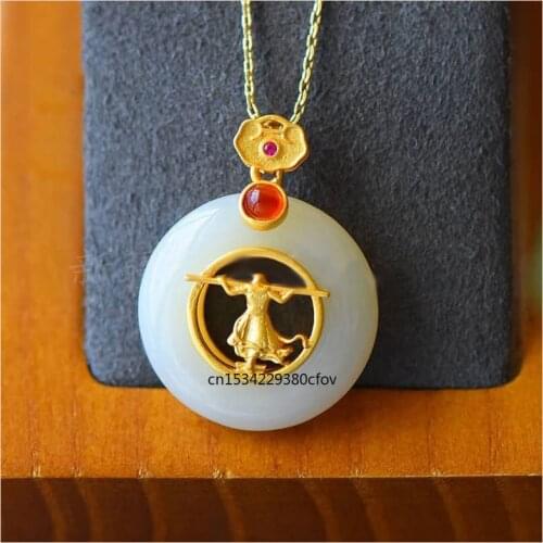 Natural Green Hetian Jade Safety buckle Pendant 925 Silver Inlaid Sun WuKong Necklace Chinese Jadeite Woman Amulet Jewelry Gifts