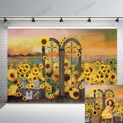 Autumn Sunflower Backdrop for Photography Iron Wood Door Child Baby Shower Photocall Decor Photo Background Booth Photozone