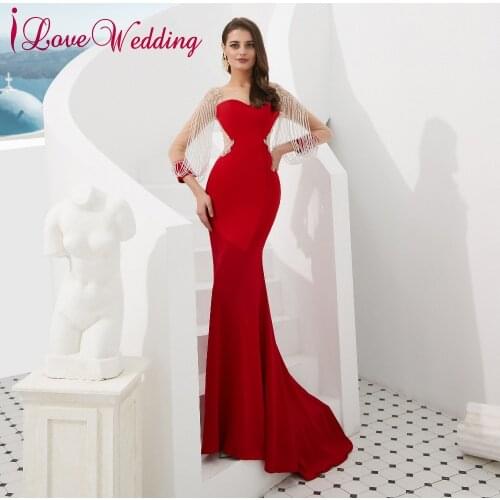 New Arrival Sheer Scoop Collar Red Prom Dress Crystal Beads Long Sleeves Elegant Prom Long Dresses