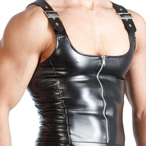 Sexy Men Underwear Sleeveless Open Crotch Faux Leather Zipper Bodysuit Shorts Jumpsuit Shapers