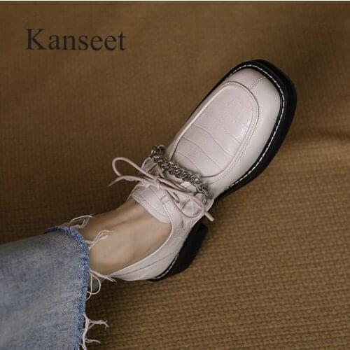 Kanseet Lace-Up Womens Pumps Autumn New Square Toe Cow Leather Chain Decoration Office Lady Low Heel Shoes Basic Female Loafers