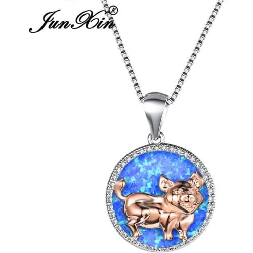 Unique Female Rose Gold Pig Pendants Necklaces Fashion Silver Color Blue Fire Opal Necklaces For Women