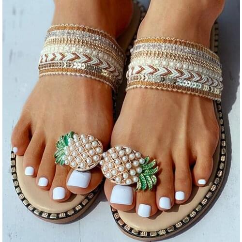 Women Slipper Pineapple Pearl Flat Toe Bohemian Casual Beach Sandals Ladies Shoes Platform 2021 Designer Black Slides