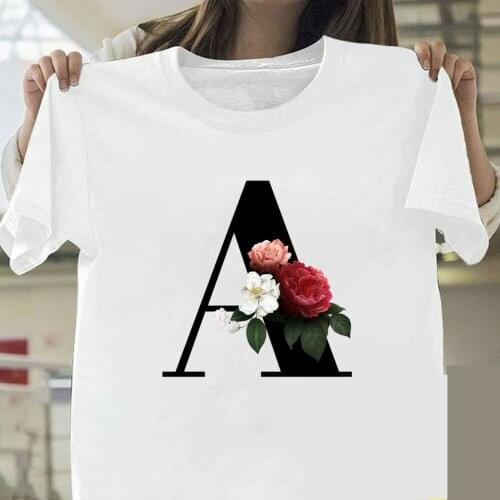Ladies Tops Shirts 26 English Alphabet Print Tshirt Classic Floral Alphabet T Shirt Women Summer Couples Lovers Female T-Shirt