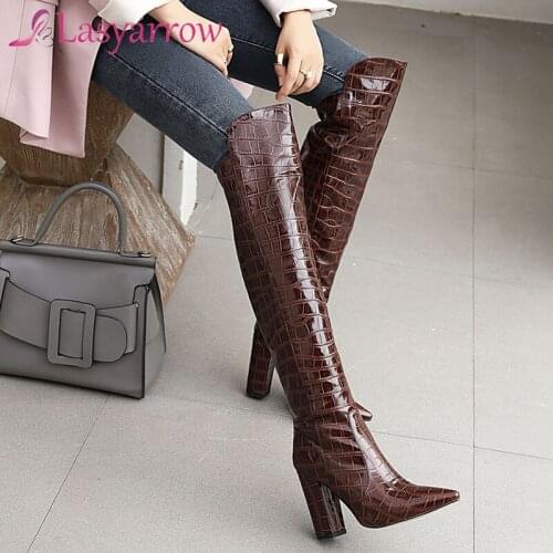Lasyarrow Women Sexy Thigh High Boots for Women Pointed Toe Block Heel Over the Knee High Boots 2020 Winter New Long Boots