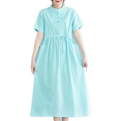 2021 New Arrival Short Sleeve Fashion Summer Dress Cotton Linen Pockets Buckle drawstring Long Vintage Dress Women Casual Dress