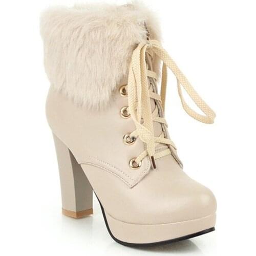 Winter Shoes Women Leather Ankle High Heel Boots 2020 Fashion Luxury Chunky Shoes Womens Plush Warm Platform Snow Boot