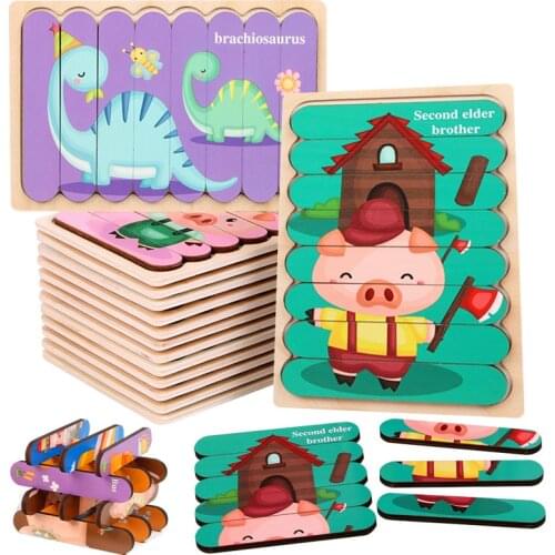 3D Puzzle Montessori Wooden Animals Jigsaw Puzzles For Kids Double-sided Story Puzzle Educational Toys For Children 2-5 Years