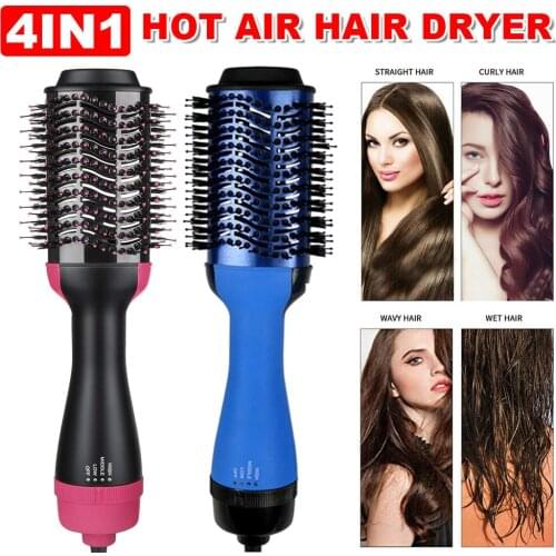4 in 1 Hair Dryer Volumizer Brush One Step Negative Ion Straightening&Curling Styling Salon Electric Comb Modes Hot&Cool 4Plugs