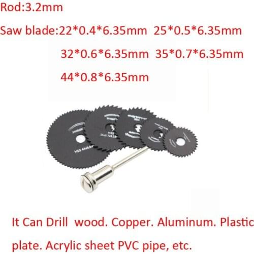 5pcs 22-44mm Saw Blades +1pcs 3.2mm Pole HSS High Speed Steel Circular Saw Blades For Metal Dremel Rotary Tool Wood Cutting Saw