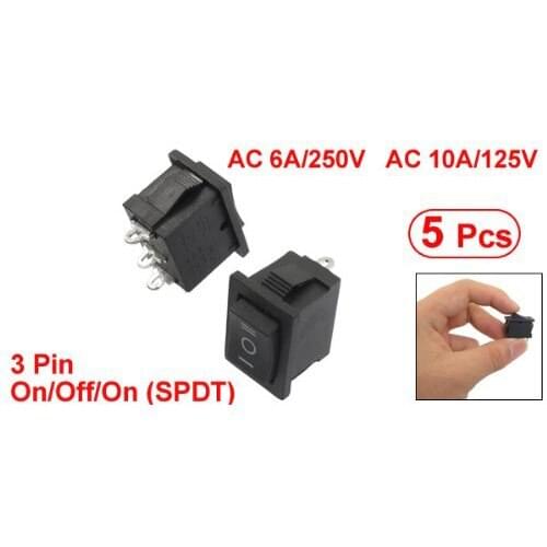5 Pcs SPDT On/Off/On Mini Black 3 Pin Rocker Switch AC 6A/250V 10A/125V