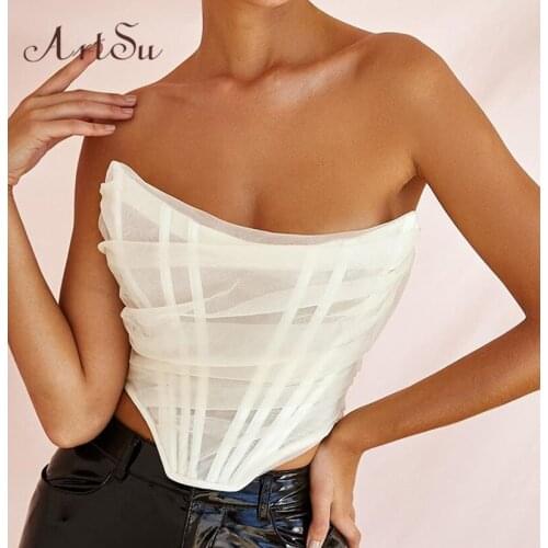Artsu Sleeveless Mesh Lace Up Off Shoulder Bustier Corset Crop Strapless Tops Female Backless Women Tops Zipper Summer 2020