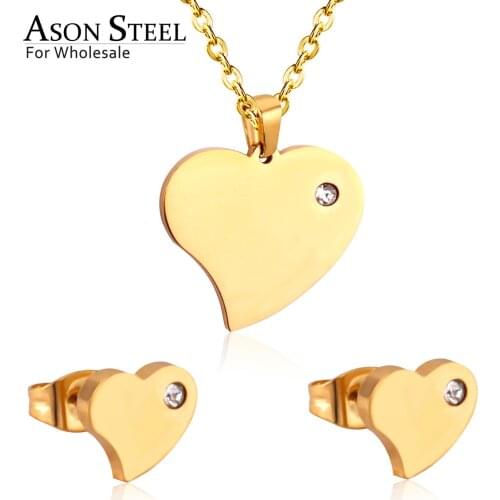 ASONSTEEL Heart Gold Color Jewelry Sets 316L Stainless Steel for Women 2019 Pendant Necklace Small Stud Earrings for Femme