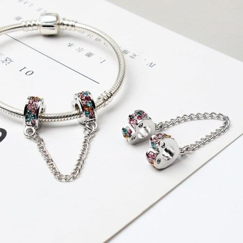 5PCS Alloy Beads Charms Colorful Crystal Heart Shape Safety Chain Silver Color Stopper Fit Women Bracelet Bangle DIY Jewelry