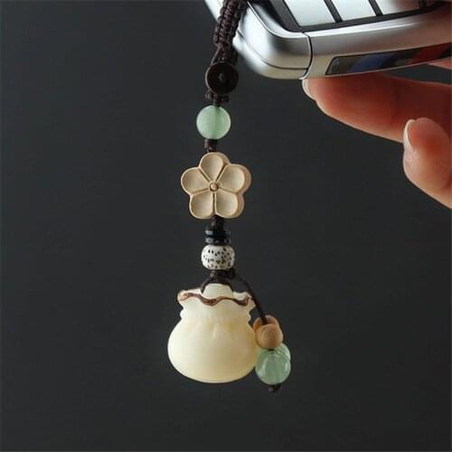 Original DIY natural mobile phone chain hand-woven bodhi root purse blessing bag palace bell phone hanging chain bag pendant