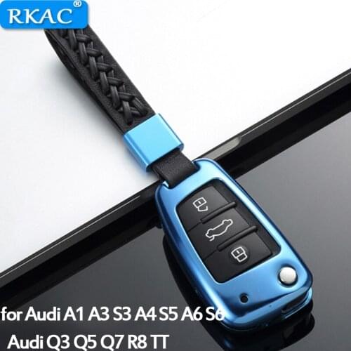 1pc SEEYULE Aluminum Alloy Car Key Case Cover with Leather Belt Key Shell Storage Bag Protector for Audi A3 A4 S5 A6 Q3 Q5 R8 TT