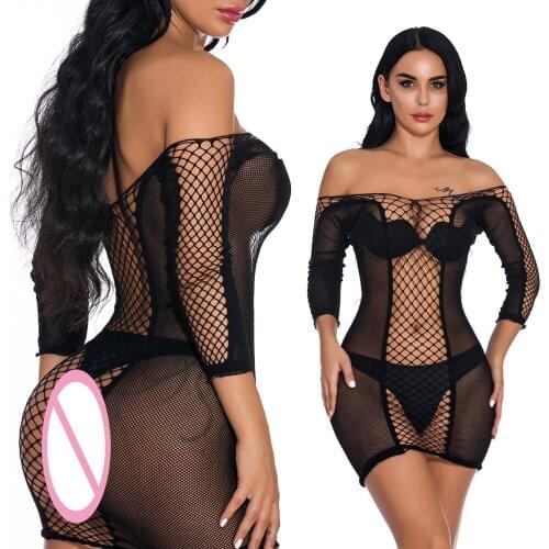 Erotic Hot Sexy Fishnet Babydoll Lingerie For Women Long Sleeved Dress Criss Teddy Body Stocking Costumes Off Shoulder Cotillon