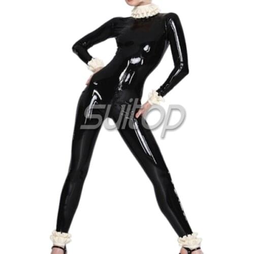 Hot sell 100% nature lovely latex jumpsuit black latex rubber catsuit with lacework for woman