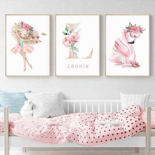 Cartoon Customized Name Rabbit Girls Pink Floral Nursery Posters Canvas Painting Wall Art Print Picture for Kids Room Home Decor