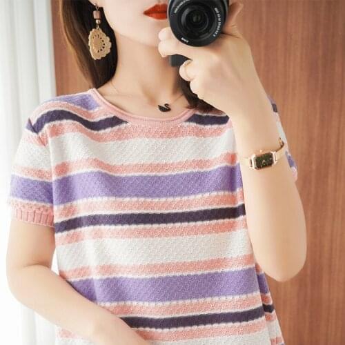 Summer new cotton T-shirt womens knitted short-sleeved casual wild loose round neck thin half-sleeved pullover T-shirt