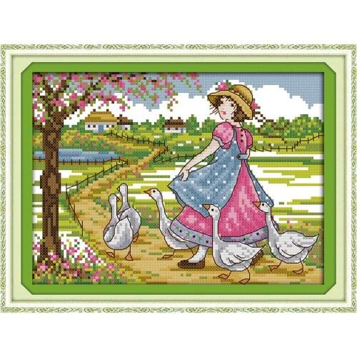 Grazing geese girl cross stitch kit 18ct 14ct 11ct count printed canvas stitching embroidery DIY handmade needlework
