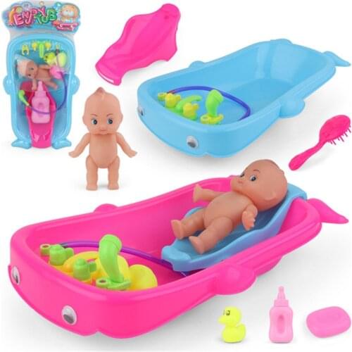 Cartoon Large Size Baby Doll Bath Toy Set Girls Bath Tub With Shower Accessories Children Pretend Role Play Bathroom Kids Toys