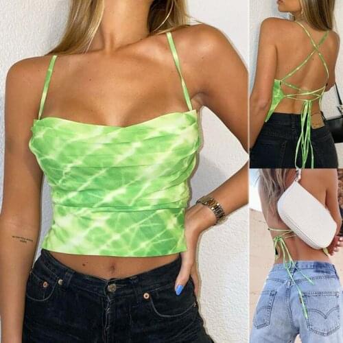 New Women Halter Tie Dye Backless Crop Top Summer Lace Up Cami Vest Tank Tops Party SCI88
