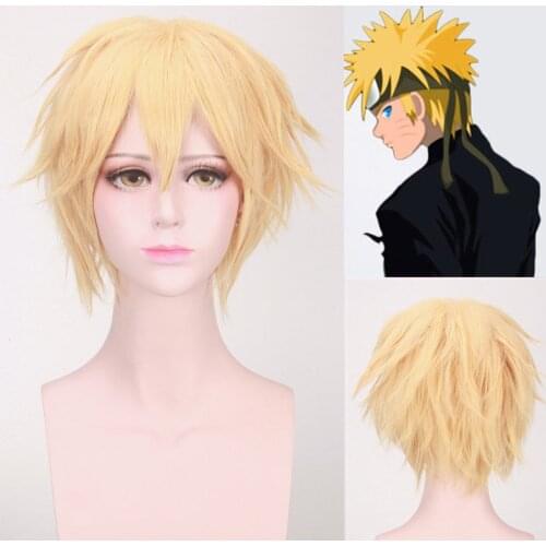 Naruto Uzumaki Wigs Short Straight Heat Resistant Synthetic Hair Gold Blond Cosplay Uzumaki Cosplay Wigs + Wig Cap +Headband