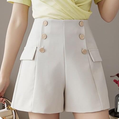 Double Breasted Shorts Women Casual Female High Waisted Wide Leg Short Femme Summer 2021 Korean Fashion Woman Shorts Feminina