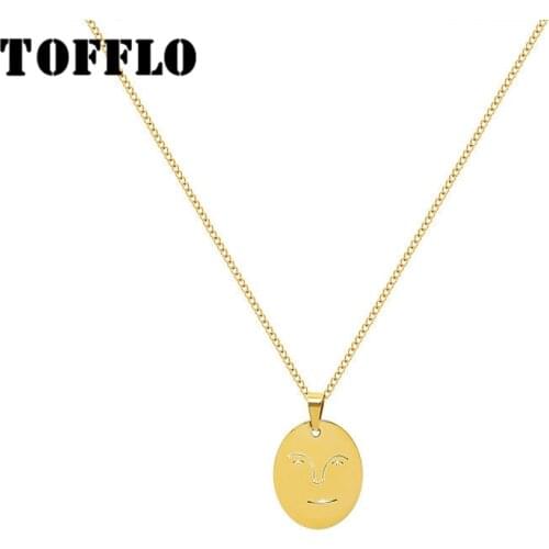 TOFFLO Stainless Steel Jewelry Funny Hollow Smile Face Pendant Necklace Female Clavicle Chain BSP952